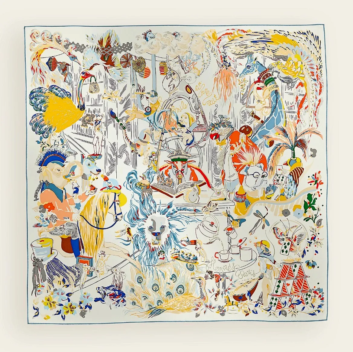Carré hermès 90 Twill 100% soie, modèle « Emile et une nuit », coloris blanc/bleu jean/jaune