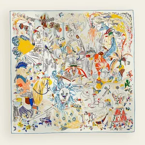 Carré hermès 90 Twill 100% soie, modèle « Emile et une nuit », coloris blanc/bleu jean/jaune