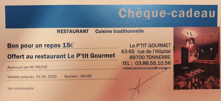 Bon pour un repas d'une valeur de 15€ au restaurant "Le P'tit Gourmet" à Tonnerre