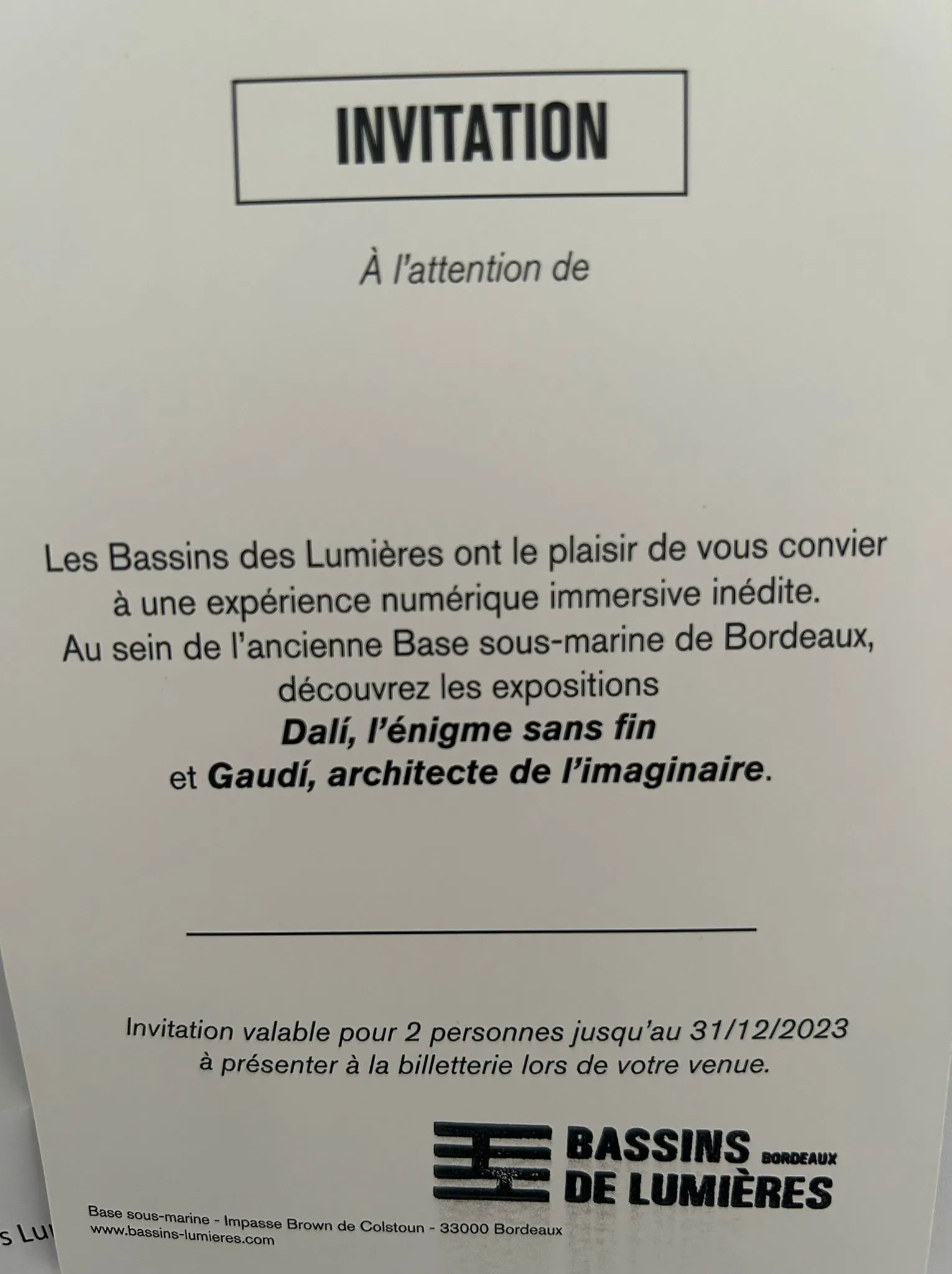 Une entrée au Bassin des lumières expo Dali/Gaudi pour 2 personnes
