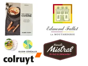 Lot Gourmand : 4 pots de moutarde Edmond Fallot + livre de recette + lot torchons/serviettes + bons d'achat mistral + anis + Produits Colruyt + Farine et jus de pomme Dijon Céréales