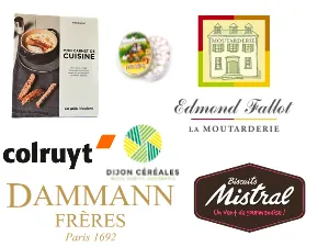 Lot gourmand : 4 pots de moutarde Edmond Fallot + thés DAMMANN + livre de recette + décapsuleur + bons d'achat mistral + anis + produits Colruyt + Torchons fait main + Farine et jus de pomme Dijon Céréales